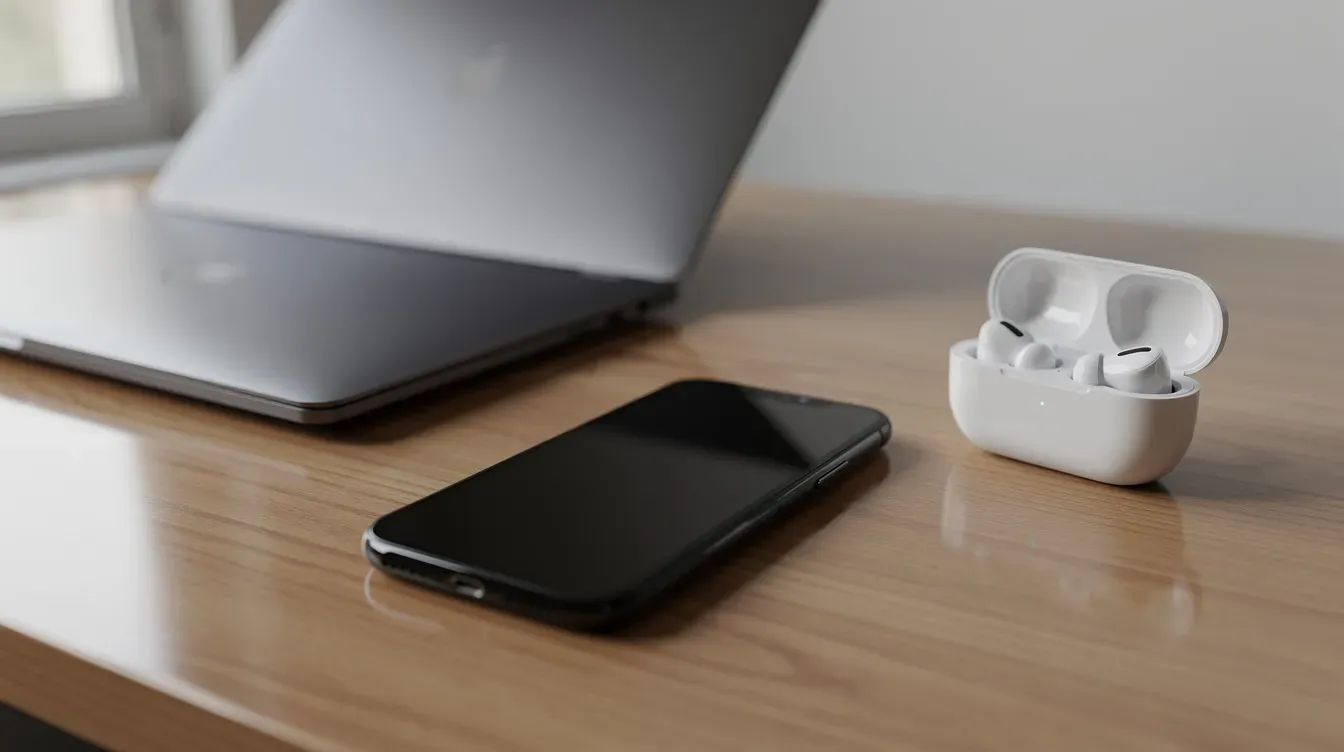 The image depicts a modern workspace featuring a smartphone, laptop, and wireless earbuds placed neatly on a desk, showcasing the latest electronic devices that require electromagnetic compatibility (EMC) for reliable operation in their electromagnetic environment. These consumer electronics are designed to pass EMC compliance testing, ensuring minimal electromagnetic interference and emissions.